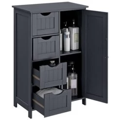 VASAGLE Bathroom Floor Storage Cabinet, Wooden Storage Unit With 4 Drawers, Single Door, Adjustable Shelf, For Living Room, Kitchen, Entryway, Grey By SONGMICS LHC41GY -Comfort Bathroom Store 23986352 4