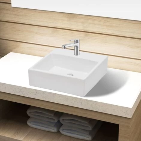 Ceramic Bathroom Sink Basin With Faucet Hole White Square VidaXL 4 Ceramic Bathroom Sink Basin With Faucet Hole White Square VidaXL - Image 2