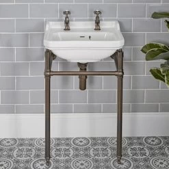 Milano Richmond - Traditional White Ceramic Bathroom Basin Sink With Oil Rubbed Bronze Washstand - 500mm X 350mm (2 Tap Hole) -Comfort Bathroom Store 24074372 3