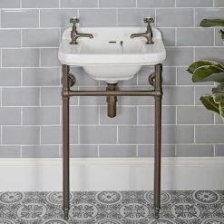 Milano Richmond - Traditional White Ceramic Bathroom Basin Sink With Oil Rubbed Bronze Washstand - 515mm X 300mm (2 Tap Hole) -Comfort Bathroom Store 24448148 3