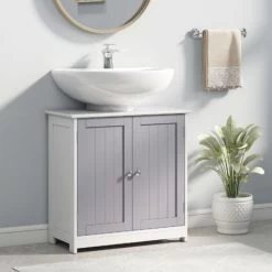 Kleankin 60x60cm Under-Sink Storage Cabinet W/ Adjustable Shelf White, Grey -Comfort Bathroom Store 24729589 3