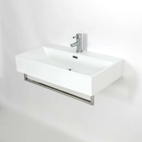 Milano Elswick - Modern White Ceramic Wall Hung Bathroom Basin Sink With Chrome Towel Rail - 750mm X 420mm 3 Milano Elswick - Modern White Ceramic Wall Hung Bathroom Basin Sink With Chrome Towel Rail - 750mm X 420mm