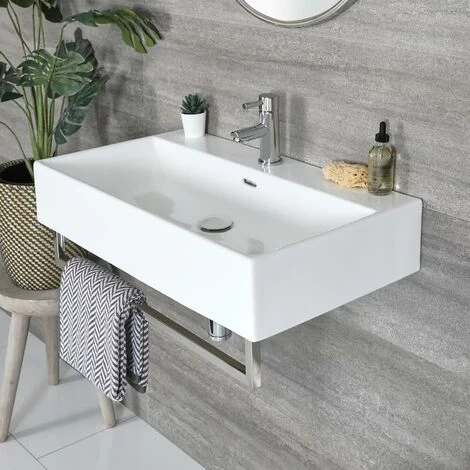 Milano Elswick - Modern White Ceramic Wall Hung Bathroom Basin Sink With Chrome Towel Rail - 750mm X 420mm 4 Milano Elswick - Modern White Ceramic Wall Hung Bathroom Basin Sink With Chrome Towel Rail - 750mm X 420mm - Image 2