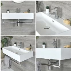 Milano Elswick - Modern White Ceramic Wall Hung Bathroom Basin Sink With Chrome Towel Rail - 750mm X 420mm 9 Milano Elswick - Modern White Ceramic Wall Hung Bathroom Basin Sink With Chrome Towel Rail - 750mm X 420mm -Comfort Bathroom Store 24924589 3