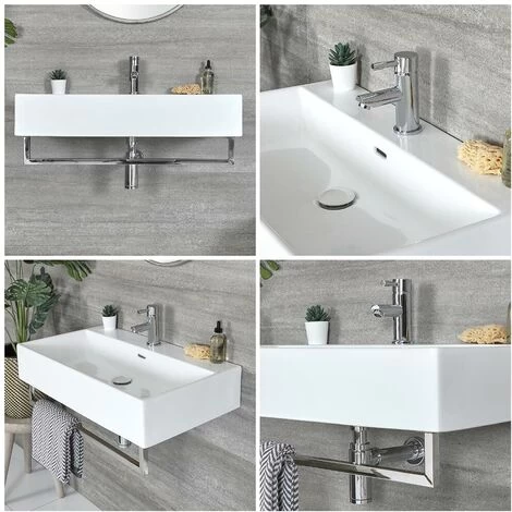 Milano Elswick - Modern White Ceramic Wall Hung Bathroom Basin Sink With Chrome Towel Rail - 750mm X 420mm 5 Milano Elswick - Modern White Ceramic Wall Hung Bathroom Basin Sink With Chrome Towel Rail - 750mm X 420mm - Image 3