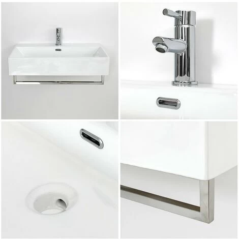 Milano Elswick - Modern White Ceramic Wall Hung Bathroom Basin Sink With Chrome Towel Rail - 750mm X 420mm 6 Milano Elswick - Modern White Ceramic Wall Hung Bathroom Basin Sink With Chrome Towel Rail - 750mm X 420mm - Image 4