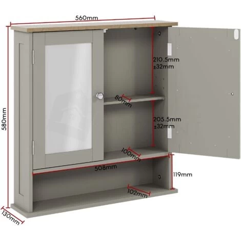 Priano 2 Door Bathroom Cabinet With Shelf Mirrored Wall Mounted Cabinet, Grey 5 Priano 2 Door Bathroom Cabinet With Shelf Mirrored Wall Mounted Cabinet, Grey - Image 3