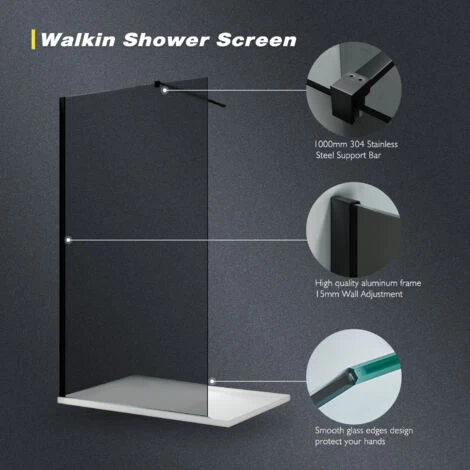 ELEGANT 1000mm Walkin Shower Enclosure Bathroom 8mm Grey Safety Easy Clean Glass For Bath Wetroom Walk In Shower Cubicle Screen Panels + Black Stainless Steel Support Bars 4 ELEGANT 1000mm Walkin Shower Enclosure Bathroom 8mm Grey Safety Easy Clean Glass For Bath Wetroom Walk In Shower Cubicle Screen Panels + Black Stainless Steel Support Bars - Image 2