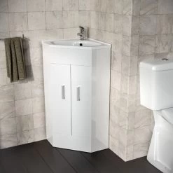 Zeller 550mm Floor Standing Corner Unit And Ceramic Basin Alpine Gloss White
