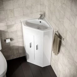 Zeller 550mm Floor Standing Corner Unit And Ceramic Basin Alpine Gloss White -Comfort Bathroom Store 26218655 3