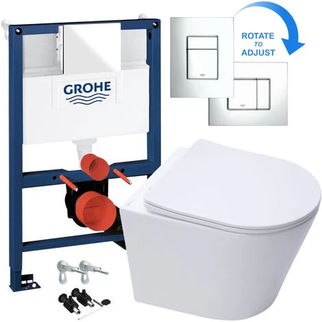 Rimless ECO Wall Hung Toilet Pan, Seat & GROHE 38773000 Rapid 0.82m SL 3-in-1 Low Height WC Cistern Frame Inc. Plate 3 Rimless ECO Wall Hung Toilet Pan, Seat & GROHE 38773000 Rapid 0.82m SL 3-in-1 Low Height WC Cistern Frame Inc. Plate