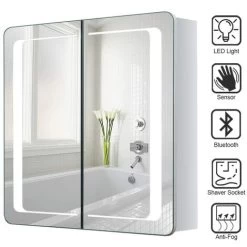Livingandhome LED Bathroom Mirror Cabinet With Lights Shaver Socket Bluetooth Touch Sensor Demister Pad 650x600MM