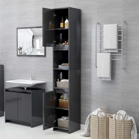 Bathroom Cabinet High Gloss Grey 30x30x183.5 Cm Engineered Wood VidaXL 6 Bathroom Cabinet High Gloss Grey 30x30x183.5 Cm Engineered Wood VidaXL - Image 4