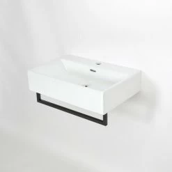 Milano Elswick - Modern White Ceramic Wall Hung Bathroom Basin Sink With Black Towel Rail - 600mm X 420mm