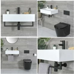 Milano Elswick - Modern White Ceramic Wall Hung Bathroom Basin Sink With Black Towel Rail - 600mm X 420mm -Comfort Bathroom Store 27239395 3