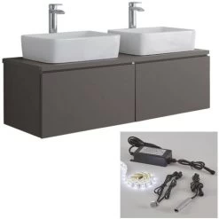 Milano Oxley - Grey 1200mm Wall Hung Bathroom Vanity Unit With 2 Countertop Basins - Rectangular Basins (With LED Light)
