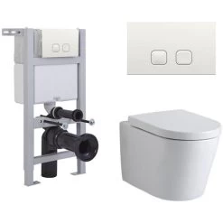 Milano Ballam - White Ceramic Modern Bathroom Wall Hung Round Toilet WC With Short Wall Frame&44 Dual Flush Cistern&44 Soft Close Seat And Flush Plate - Square White Flush Plate