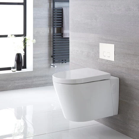 Milano Ballam - White Ceramic Modern Bathroom Wall Hung Round Toilet WC With Short Wall Frame&44 Dual Flush Cistern&44 Soft Close Seat And Flush Plate - Square White Flush Plate 4 Milano Ballam - White Ceramic Modern Bathroom Wall Hung Round Toilet WC With Short Wall Frame&44 Dual Flush Cistern&44 Soft Close Seat And Flush Plate - Square White Flush Plate - Image 2