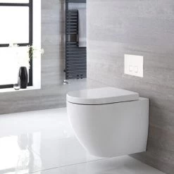 Milano Irwell - White Ceramic Modern Bathroom Wall Hung Round Toilet WC With Short Wall Frame&44 Cistern And Flush Plate - Square White Flush Plate -Comfort Bathroom Store 27966756 2