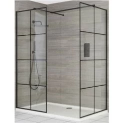 Milano Barq - Corner Walk In Wet Room Shower Enclosure With Grid Pattern Screens&44 Support Arms And 1400mm X 800mm White Tray - Black