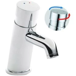 Non Concussive Push Down Self Closing Round Chrome Basin Mono Mixer Tap Hot Cold -Comfort Bathroom Store 30321393 3