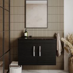 Nuie Athena Wall Hung 2-Door Vanity Unit With Sparkling Black Worktop 800mm Wide - Charcoal Black Woodgrain -Comfort Bathroom Store 30670373 4