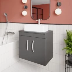 Nuie Athena Wall Hung 2-Door Vanity Unit With Grey Worktop 600mm Wide - Gloss Grey Mist -Comfort Bathroom Store 30670395 5