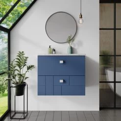Nuie Blocks Wall Hung 2-Drawer Vanity Unit With Sparkling White Worktop 600mm Wide - Satin Blue -Comfort Bathroom Store 30812863 4