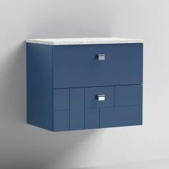 Nuie Blocks Wall Hung 2-Drawer Vanity Unit With Sparkling White Worktop 600mm Wide - Satin Blue -Comfort Bathroom Store 30812863 5