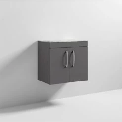 Nuie Athena Wall Hung 2-Door Vanity Unit With Grey Worktop 600mm Wide - Gloss Grey -Comfort Bathroom Store 31615517 4