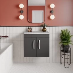 Nuie Athena Wall Hung 2-Door Vanity Unit With Grey Worktop 600mm Wide - Gloss Grey -Comfort Bathroom Store 31615517 5
