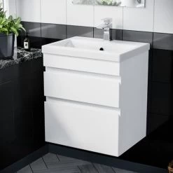 Hardie 600mm 2 Drawer White Wall Hung Vanity Cabinet And Basin Sink Unit