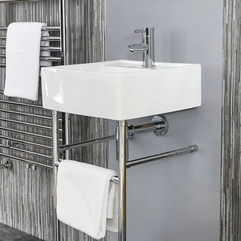 Milano Dalton - Modern White Ceramic Bathroom Basin Sink With Chrome Washstand - 400mm X 400mm 4 Milano Dalton - Modern White Ceramic Bathroom Basin Sink With Chrome Washstand - 400mm X 400mm - Image 2
