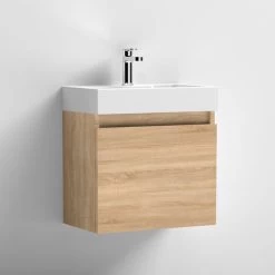 Nuie Merit Wall Hung 1-Door Vanity Unit With Slimline Basin 500mm Wide - Natural Oak -Comfort Bathroom Store 35018965 3
