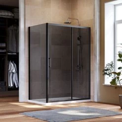 ELEGANT Black Shower Enclosure Sliding 1200 X 800 Mm Bathroom 8mm Nano Glass Shower Enclosure Easy Clean With 800mm Side Panel + Shower Tray And Waste