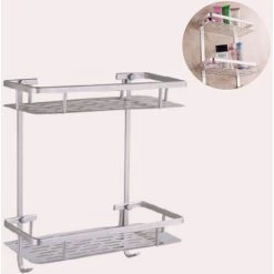 Two Tier Shower Basket Shelf With Hanging Sponge And Razor Hooks Shampoo Holder Organizer Wall Mounted Bathroom Shelf No Adhesive Silver -Comfort Bathroom Store 35398703 2