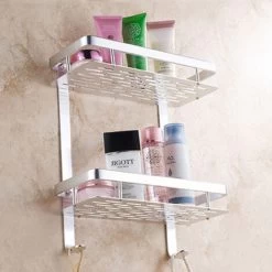 Two Tier Shower Basket Shelf With Hanging Sponge And Razor Hooks Shampoo Holder Organizer Wall Mounted Bathroom Shelf No Adhesive Silver -Comfort Bathroom Store 35398703 3
