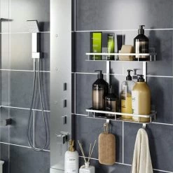 Two Tier Shower Basket Shelf With Hanging Sponge And Razor Hooks Shampoo Holder Organizer Wall Mounted Bathroom Shelf No Adhesive Silver -Comfort Bathroom Store 35398703 4