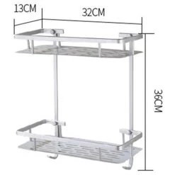 Two Tier Shower Basket Shelf With Hanging Sponge And Razor Hooks Shampoo Holder Organizer Wall Mounted Bathroom Shelf No Adhesive Silver -Comfort Bathroom Store 35398703 5