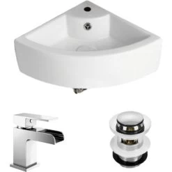 Quarter Circle Corner Cloakroom Basin & Waterfall Mixer Tap Waste