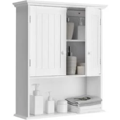 COSTWAY Bathroom Wall Cabinet, Wooden Storage Cupboard With Double Door, Adjustable Shelf And Compartment, Wall Mounted Medicine Cabinet For Living Room Kitchen Hallway (White, With Wooden Handles)
