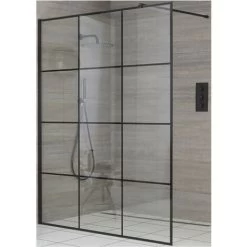 Milano Barq - 700mm Black Recessed Walk In Wet Room Shower Enclosure With Grid Pattern Screen And Support Arm - No Shower Drain