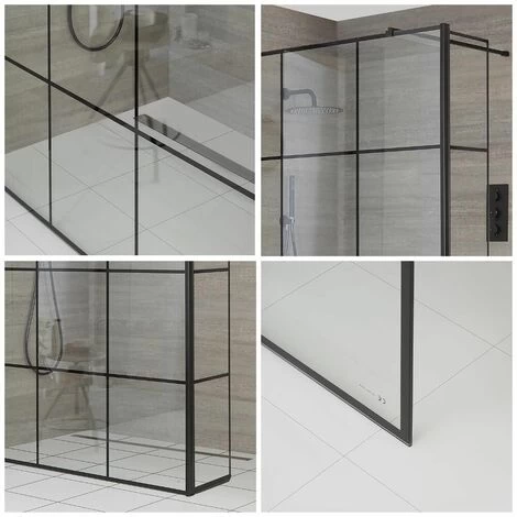 Milano Barq - 700mm Black Recessed Walk In Wet Room Shower Enclosure With Grid Pattern Screen&44 Hinged Return Panel And Support Arm - No Shower Drain 4 Milano Barq - 700mm Black Recessed Walk In Wet Room Shower Enclosure With Grid Pattern Screen&44 Hinged Return Panel And Support Arm - No Shower Drain - Image 2