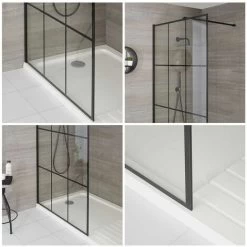 Milano Barq - Recessed Walk In Wet Room Shower Enclosure With Grid Pattern Screen&44 Support Arm And 1100mm X 760mm White Tray - Black -Comfort Bathroom Store 37085287 2
