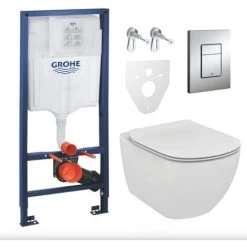 Grohe Toilet Set Rapid SL GROHE + Toilet Bowl Ideal Standard Tesi Aquablade + Flush Plate Grohe Skate Chrome (GROHEAQUA-SET)