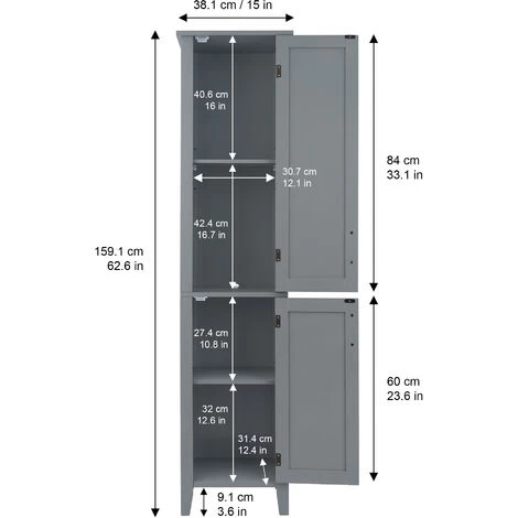 Teamson Home Bathroom Tall Column Cabinet, Wooden Cabinet With 2 Doors, Bathroom Furniture, Bathroom Storage, Grey, 33 X 38 X 159.2 (cm) 6 Teamson Home Bathroom Tall Column Cabinet, Wooden Cabinet With 2 Doors, Bathroom Furniture, Bathroom Storage, Grey, 33 X 38 X 159.2 (cm) - Image 4