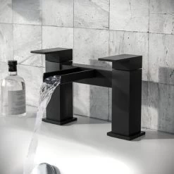 Ozone Modern Bathroom Matte Back Waterfall Dual Lever Deck Mounted Bath Filler Tap