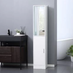 Kleankin Tall Mirrored Bathroom Cabinet Tallboy Unit W/Adjustable Shelf White -Comfort Bathroom Store 44071273 3