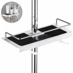 Shower Shelf Caddy For Shower Rail No Drilling Bathroom Shelf Storage Rack, Shower Pole Shelf Bathroom Shower Shelf, Shower Organiser With Buckle And Shower Head Hook.Black And White Round Holes