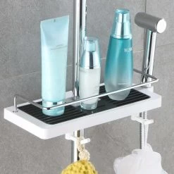 Shower Shelf Caddy For Shower Rail No Drilling Bathroom Shelf Storage Rack, Shower Pole Shelf Bathroom Shower Shelf, Shower Organiser With Buckle And Shower Head Hook.Black And White Round Holes -Comfort Bathroom Store 44811103 5